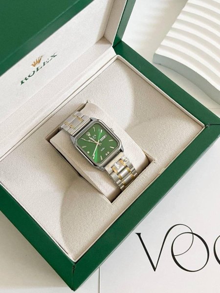 Silver & Gold Green Rolex Cellini Watch